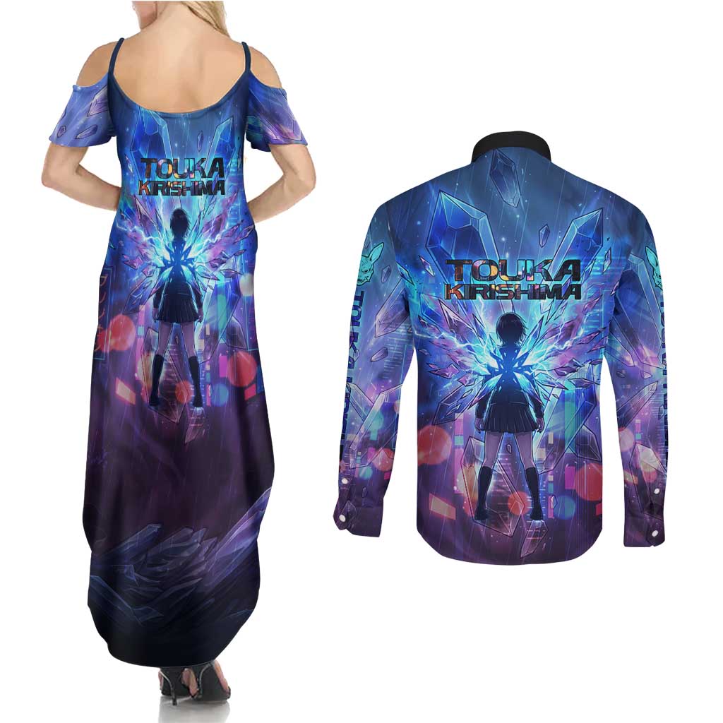 Touka Kirishima Tokyo Ghoul Couples Matching Summer Maxi Dress and Long Sleeve Button Shirt Cyberpunk Neon Style with Crystal Wings Effect