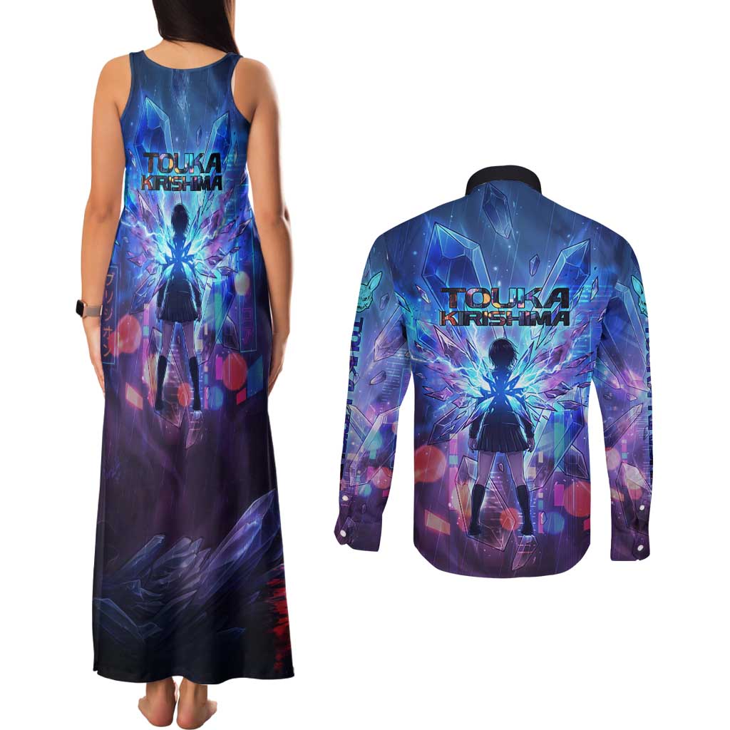 Touka Kirishima Tokyo Ghoul Couples Matching Tank Maxi Dress and Long Sleeve Button Shirt Cyberpunk Neon Style with Crystal Wings Effect