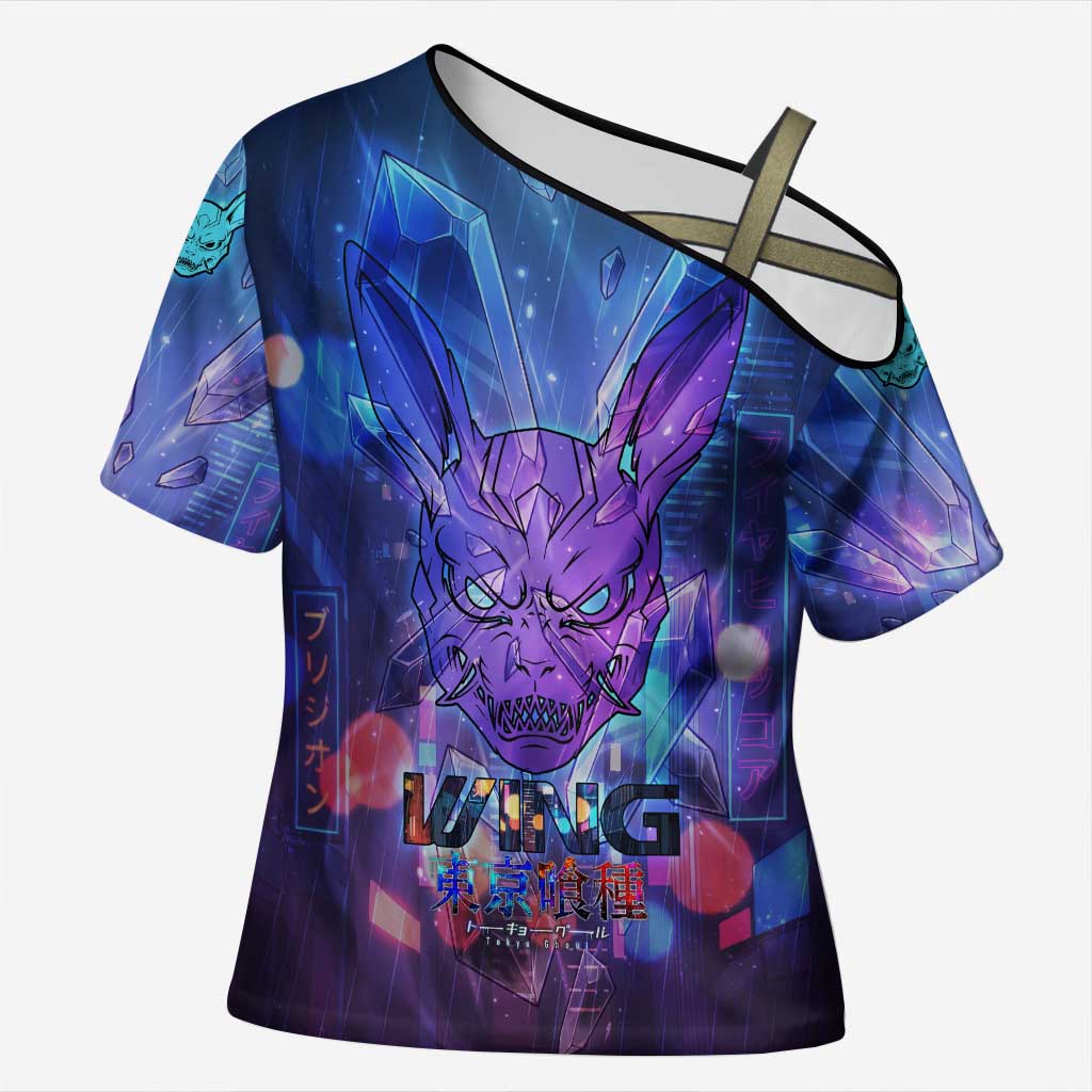 Touka Kirishima Tokyo Ghoul Cross Shoulder Shirt Cyberpunk Neon Style with Crystal Wings Effect