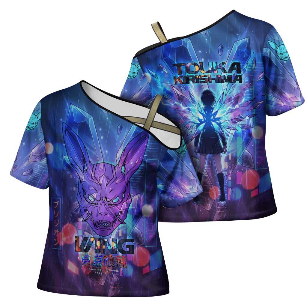 Touka Kirishima Tokyo Ghoul Cross Shoulder Shirt Cyberpunk Neon Style with Crystal Wings Effect