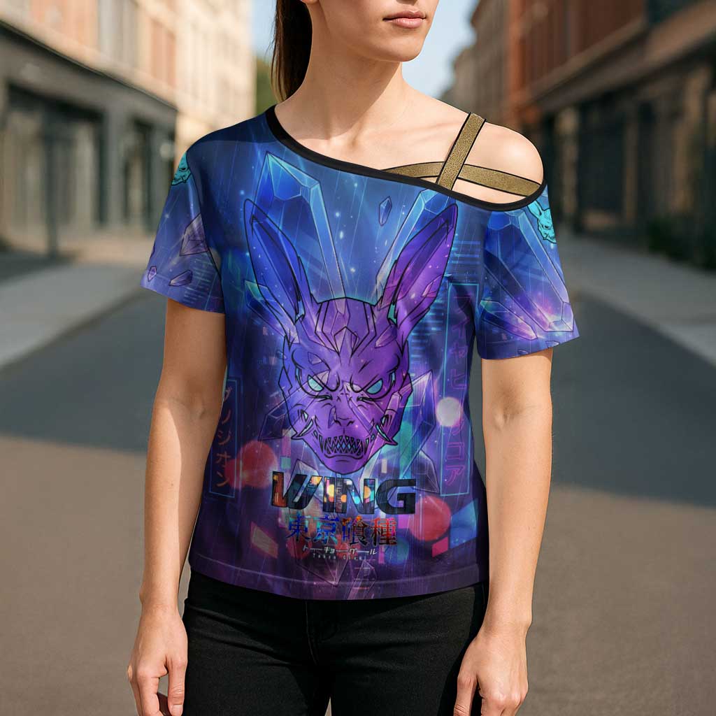 Touka Kirishima Tokyo Ghoul Cross Shoulder Shirt Cyberpunk Neon Style with Crystal Wings Effect