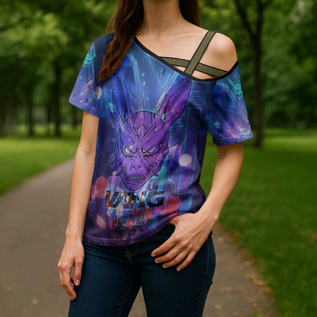 Touka Kirishima Tokyo Ghoul Cross Shoulder Shirt Cyberpunk Neon Style with Crystal Wings Effect