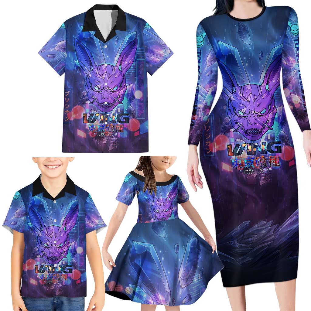 Touka Kirishima Tokyo Ghoul Family Matching Long Sleeve Bodycon Dress and Hawaiian Shirt Cyberpunk Neon Style with Crystal Wings Effect
