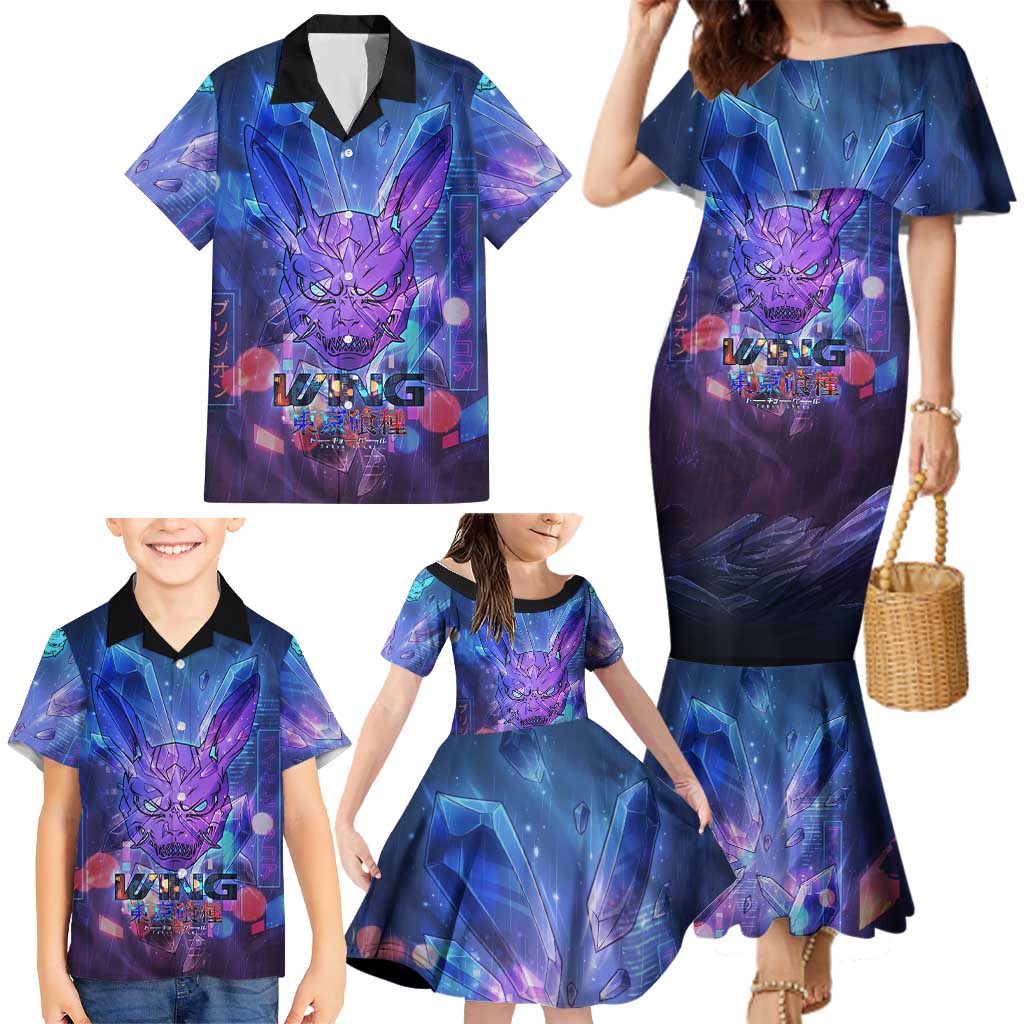 Touka Kirishima Tokyo Ghoul Family Matching Mermaid Dress and Hawaiian Shirt Cyberpunk Neon Style with Crystal Wings Effect