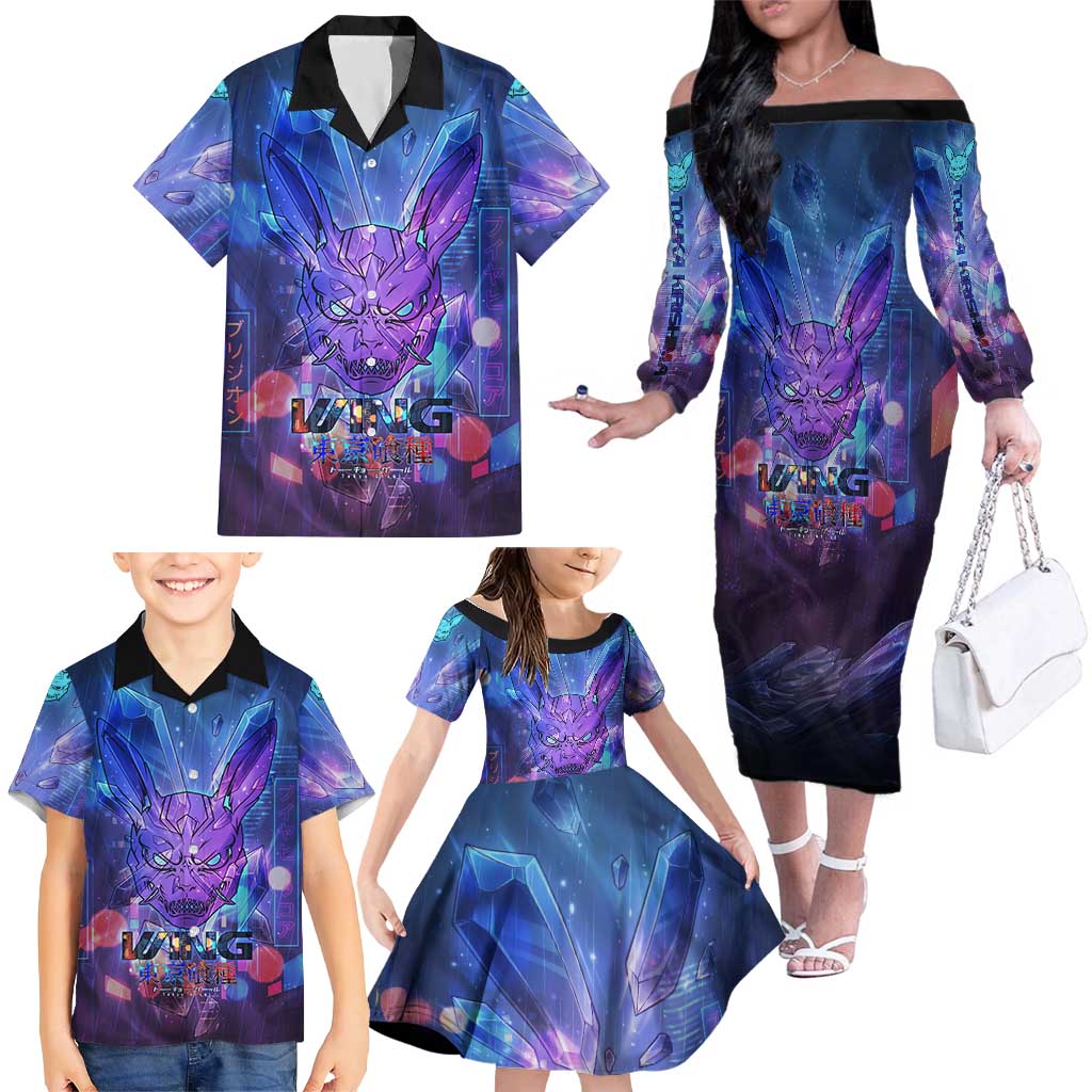 Touka Kirishima Tokyo Ghoul Family Matching Off The Shoulder Long Sleeve Dress and Hawaiian Shirt Cyberpunk Neon Style with Crystal Wings Effect