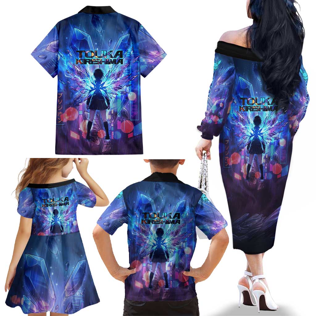Touka Kirishima Tokyo Ghoul Family Matching Off The Shoulder Long Sleeve Dress and Hawaiian Shirt Cyberpunk Neon Style with Crystal Wings Effect