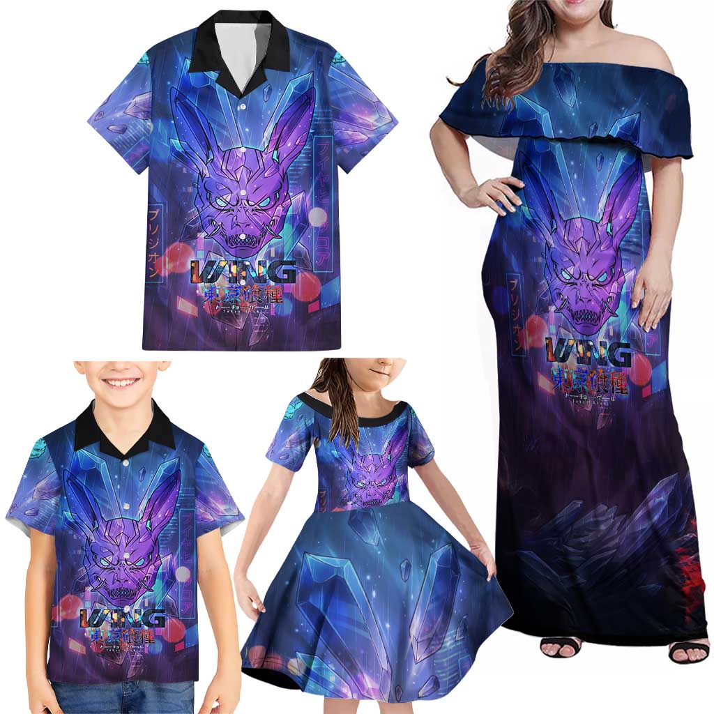 Touka Kirishima Tokyo Ghoul Family Matching Off Shoulder Maxi Dress and Hawaiian Shirt Cyberpunk Neon Style with Crystal Wings Effect