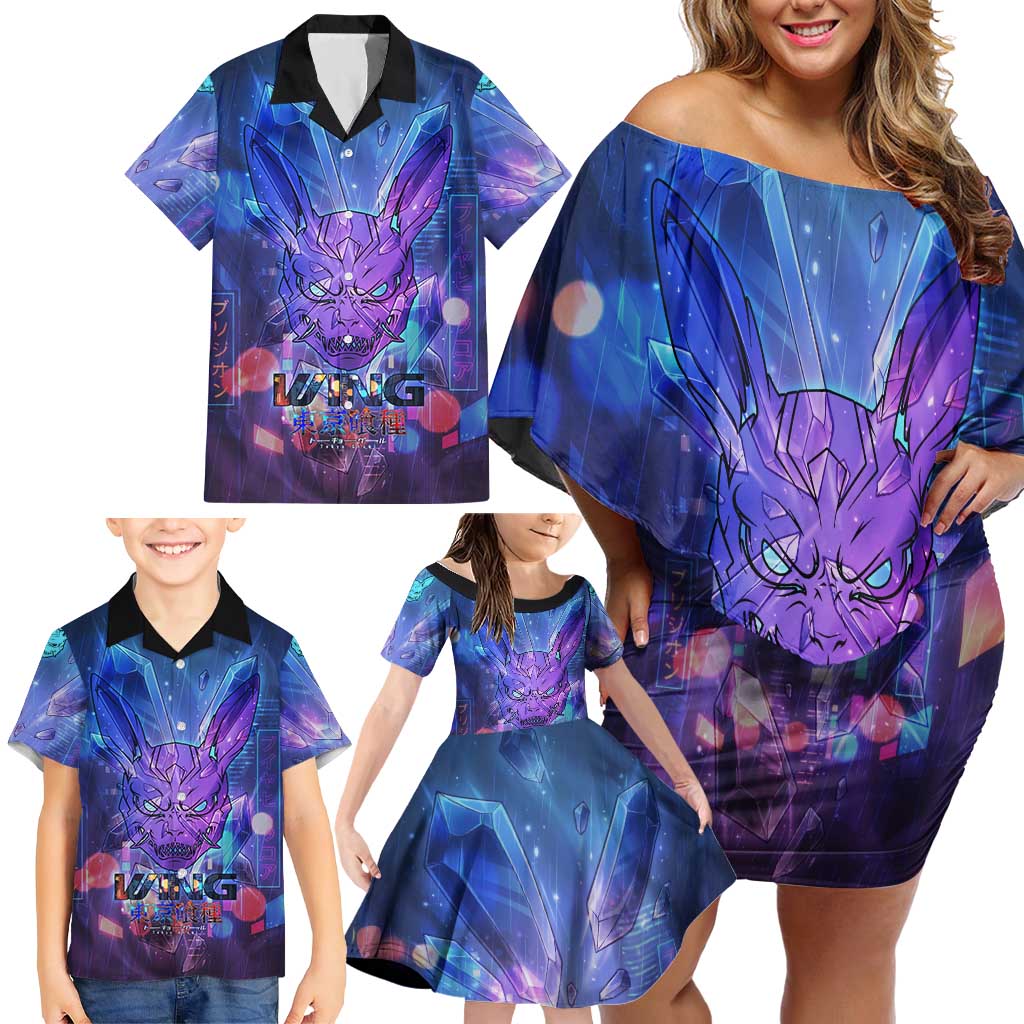 Touka Kirishima Tokyo Ghoul Family Matching Off Shoulder Short Dress and Hawaiian Shirt Cyberpunk Neon Style with Crystal Wings Effect
