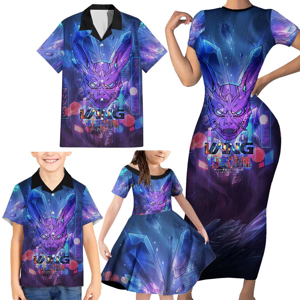 Touka Kirishima Tokyo Ghoul Family Matching Short Sleeve Bodycon Dress and Hawaiian Shirt Cyberpunk Neon Style with Crystal Wings Effect