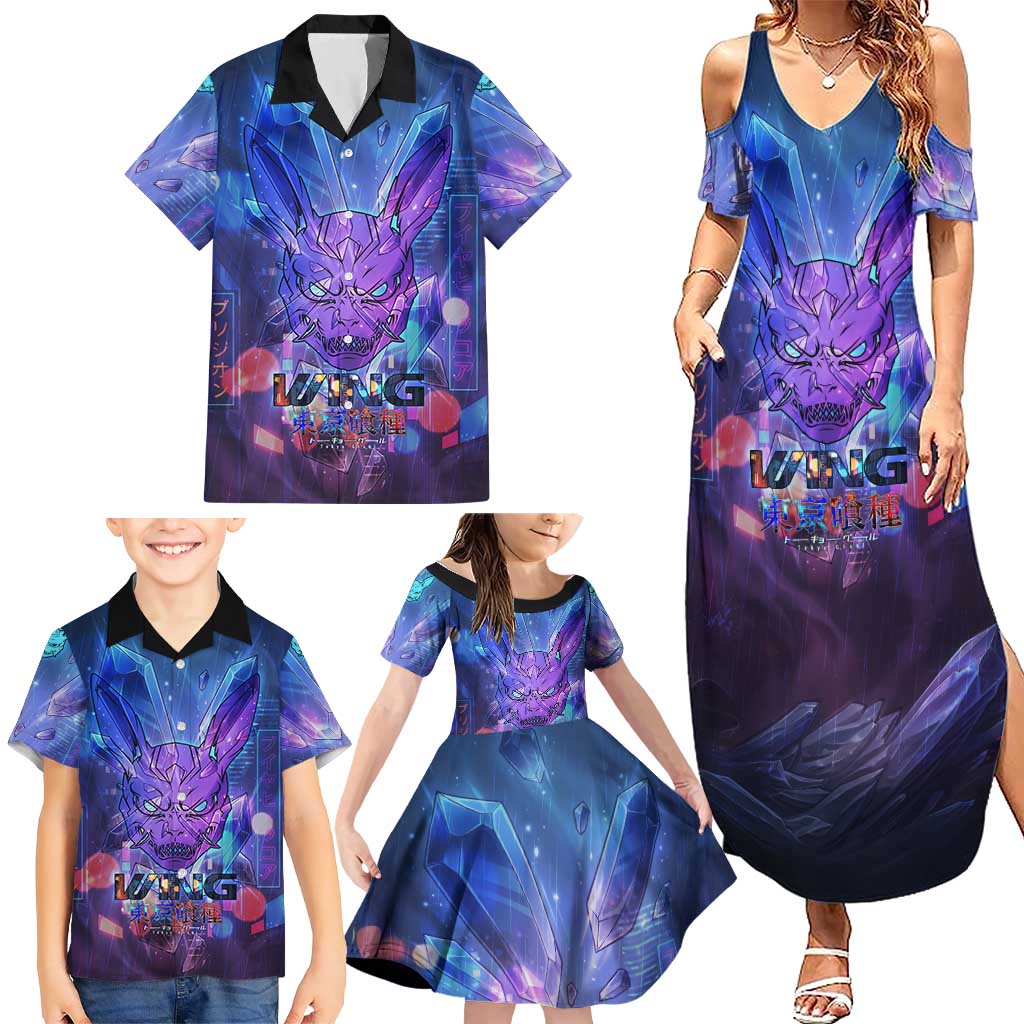 Touka Kirishima Tokyo Ghoul Family Matching Summer Maxi Dress and Hawaiian Shirt Cyberpunk Neon Style with Crystal Wings Effect