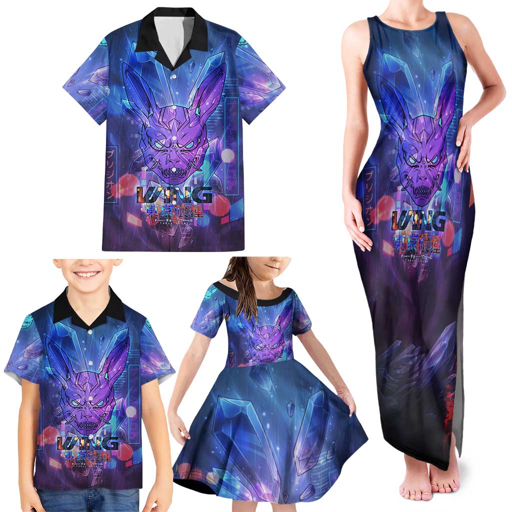 Touka Kirishima Tokyo Ghoul Family Matching Tank Maxi Dress and Hawaiian Shirt Cyberpunk Neon Style with Crystal Wings Effect