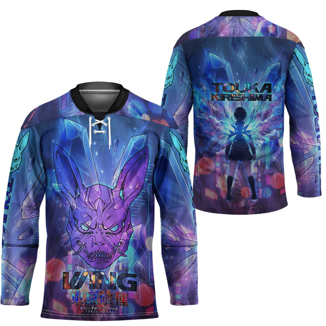 Touka Kirishima Tokyo Ghoul Hockey Jersey Cyberpunk Neon Style with Crystal Wings Effect