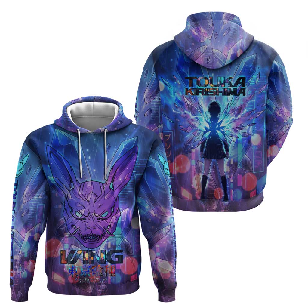 Touka Kirishima Tokyo Ghoul Hoodie Cyberpunk Neon Style with Crystal Wings Effect