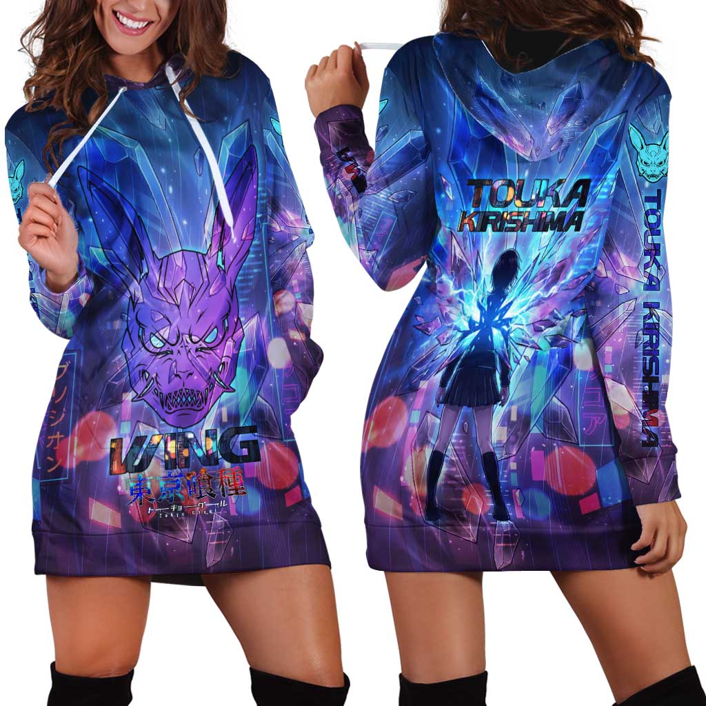 Touka Kirishima Tokyo Ghoul Hoodie Dress Cyberpunk Neon Style with Crystal Wings Effect