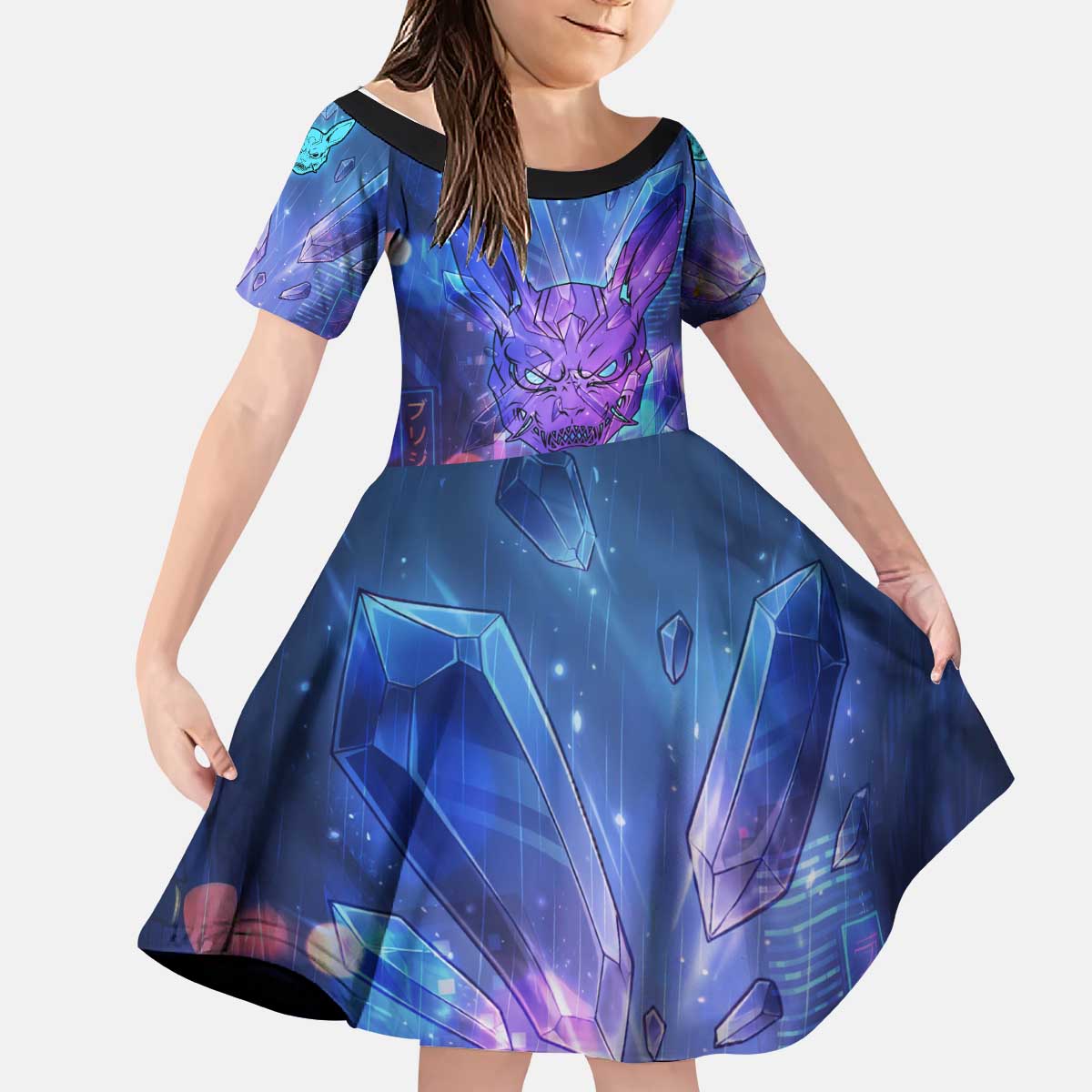 Touka Kirishima Tokyo Ghoul Kid Short Sleeve Dress Cyberpunk Neon Style with Crystal Wings Effect