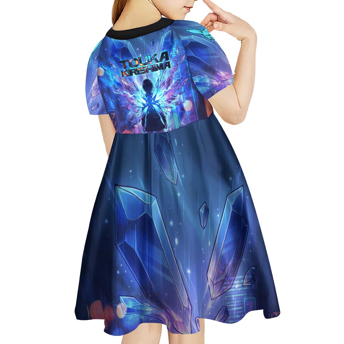 Touka Kirishima Tokyo Ghoul Kid Short Sleeve Dress Cyberpunk Neon Style with Crystal Wings Effect