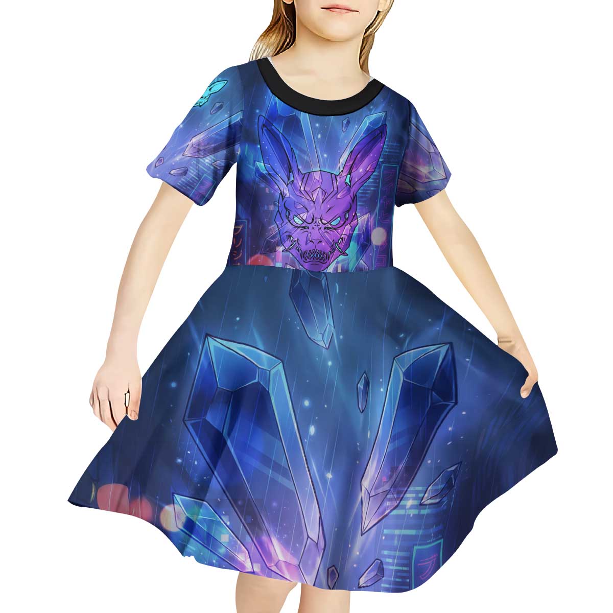 Touka Kirishima Tokyo Ghoul Kid Short Sleeve Dress Cyberpunk Neon Style with Crystal Wings Effect