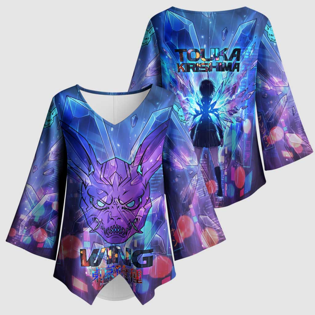 Touka Kirishima Tokyo Ghoul Kimono Sleeve Blouse Cyberpunk Neon Style with Crystal Wings Effect