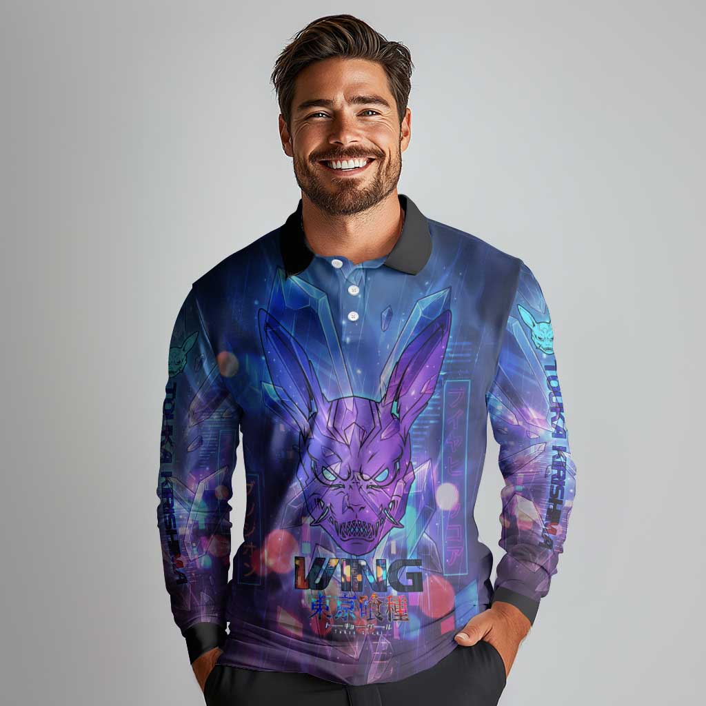 Touka Kirishima Tokyo Ghoul Long Sleeve Polo Shirt Cyberpunk Neon Style with Crystal Wings Effect