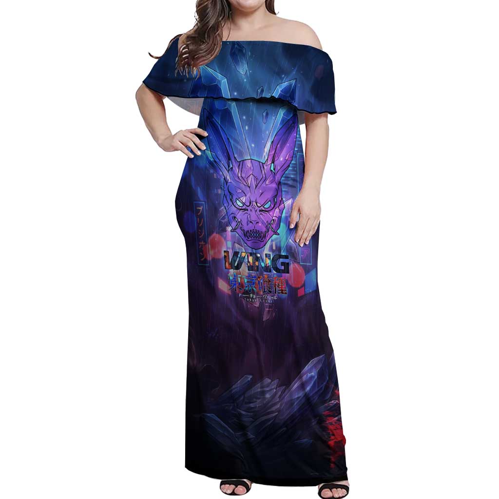 Touka Kirishima Tokyo Ghoul Off Shoulder Maxi Dress Cyberpunk Neon Style with Crystal Wings Effect