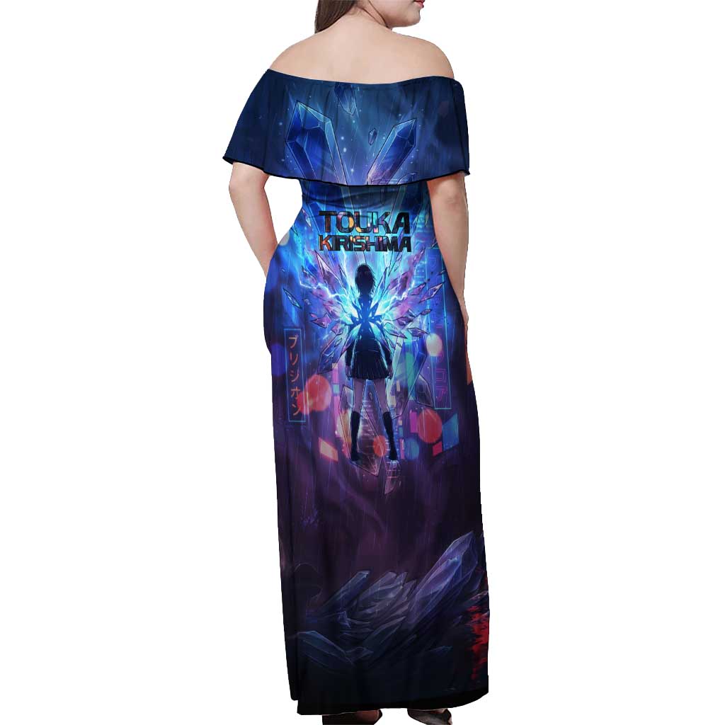 Touka Kirishima Tokyo Ghoul Off Shoulder Maxi Dress Cyberpunk Neon Style with Crystal Wings Effect