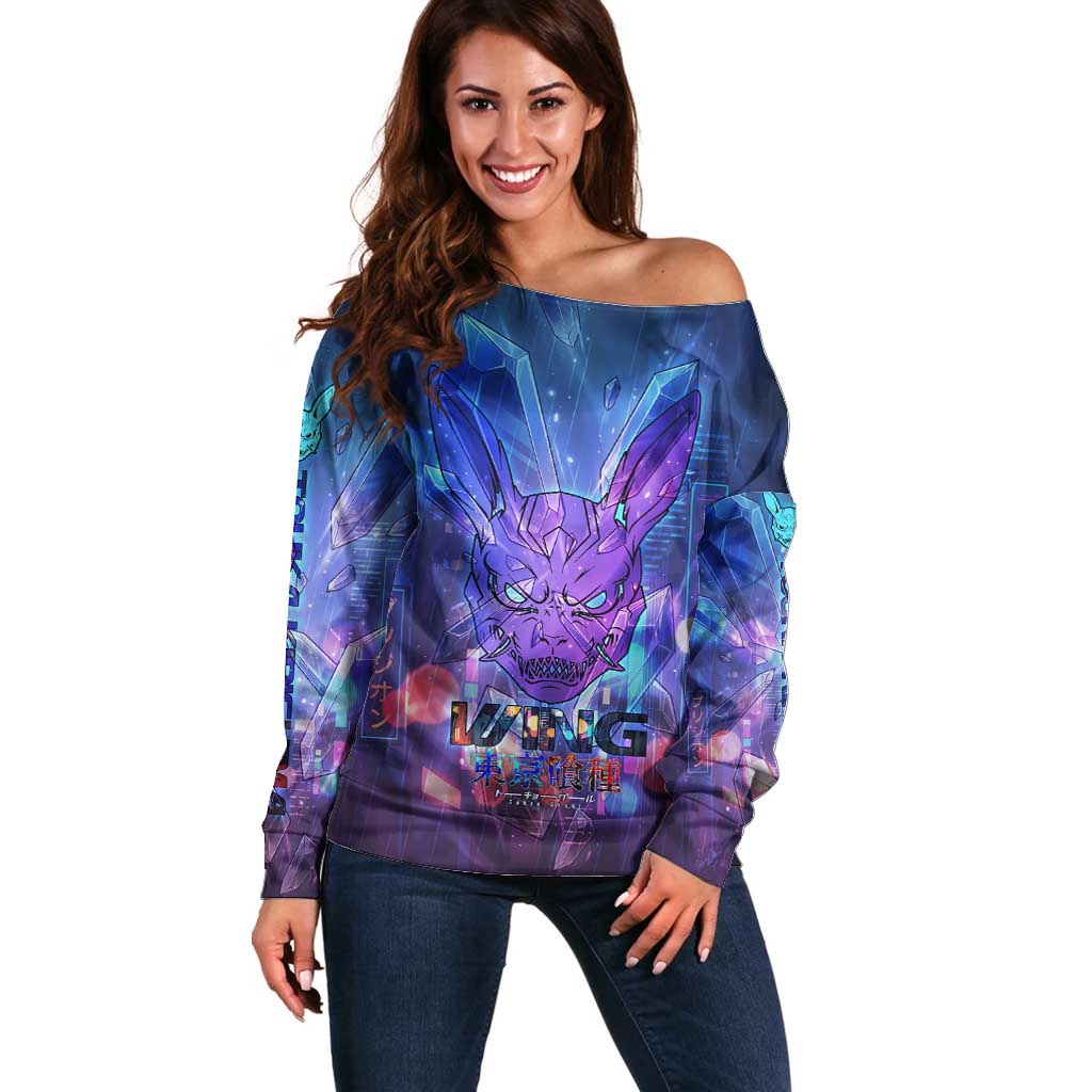 Touka Kirishima Tokyo Ghoul Off Shoulder Sweater Cyberpunk Neon Style with Crystal Wings Effect