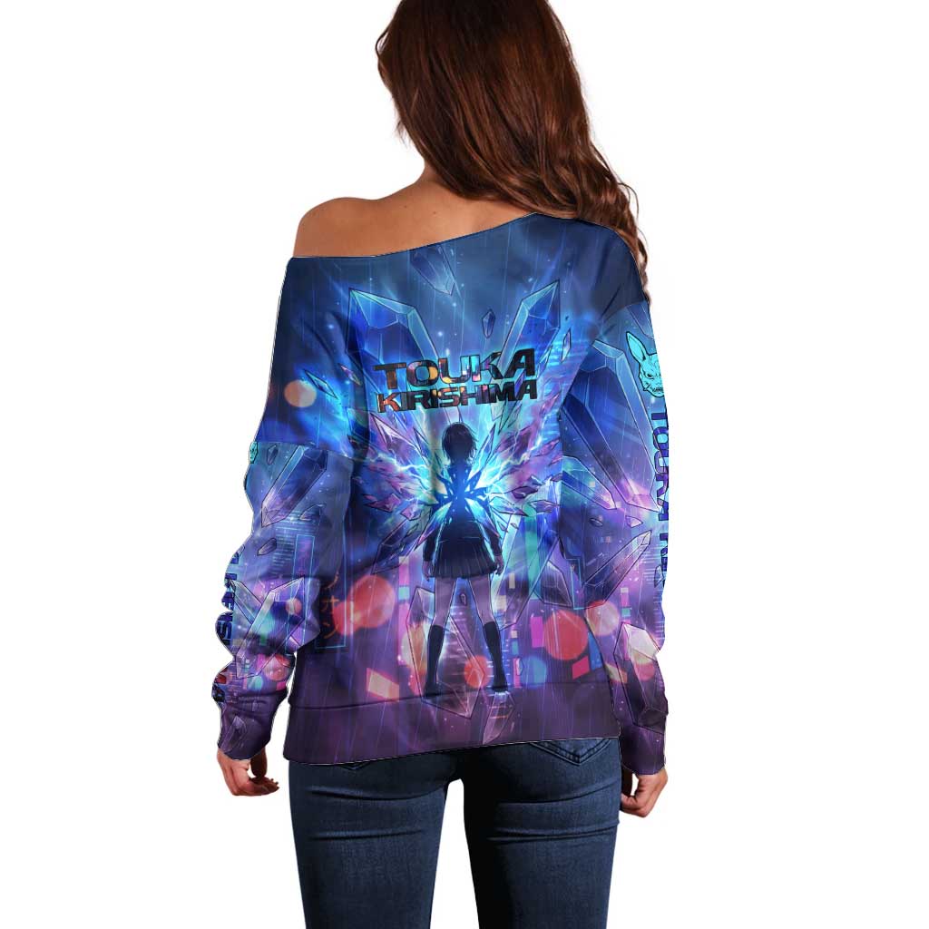 Touka Kirishima Tokyo Ghoul Off Shoulder Sweater Cyberpunk Neon Style with Crystal Wings Effect