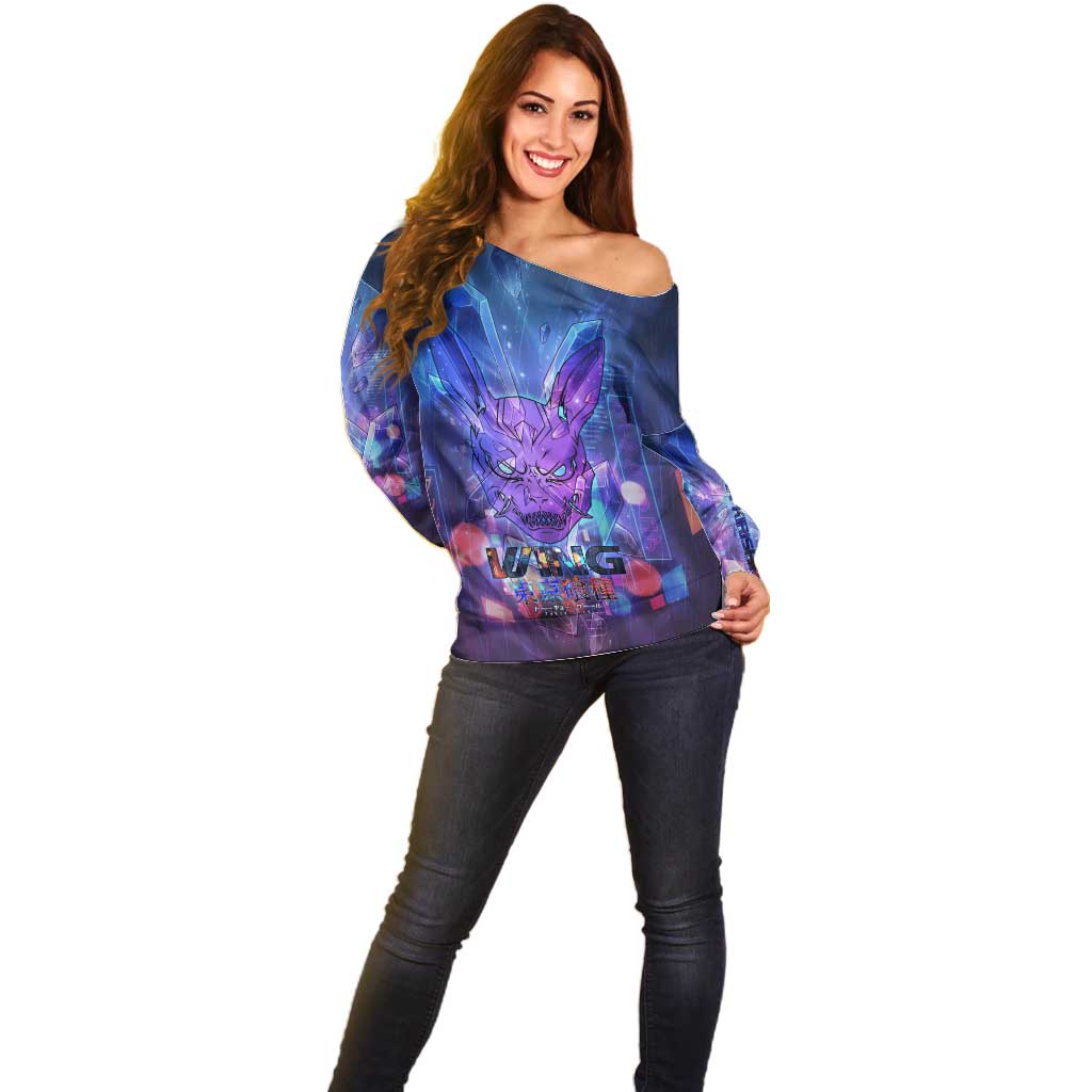 Touka Kirishima Tokyo Ghoul Off Shoulder Sweater Cyberpunk Neon Style with Crystal Wings Effect