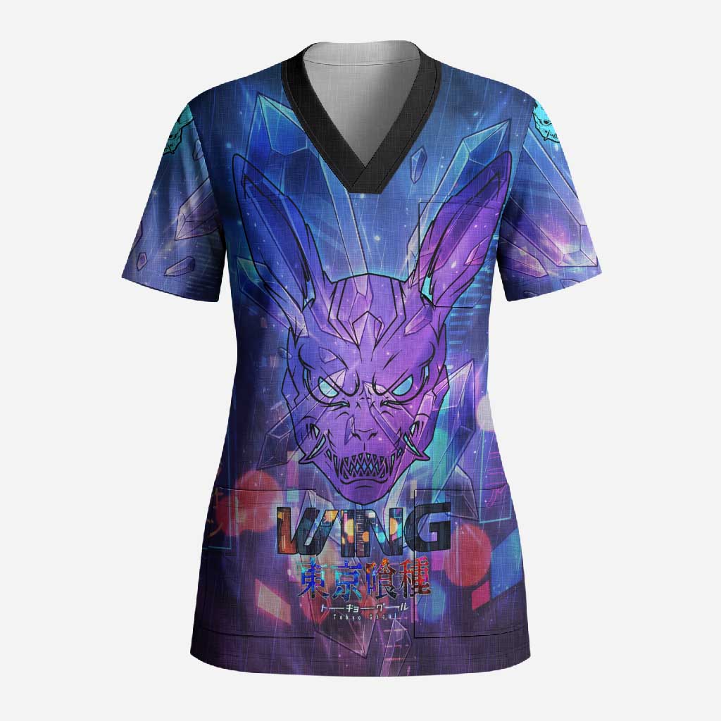 Touka Kirishima Tokyo Ghoul Scrub Top Cyberpunk Neon Style with Crystal Wings Effect