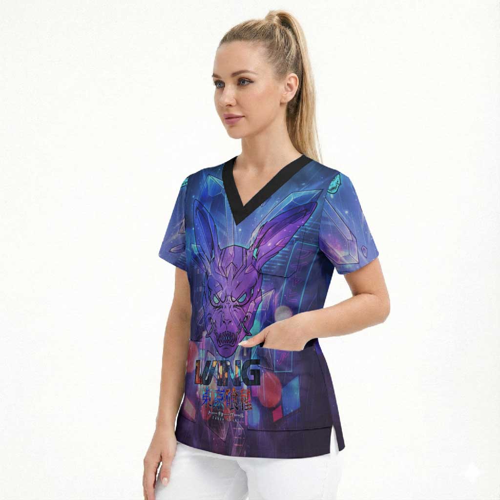 Touka Kirishima Tokyo Ghoul Scrub Top Cyberpunk Neon Style with Crystal Wings Effect
