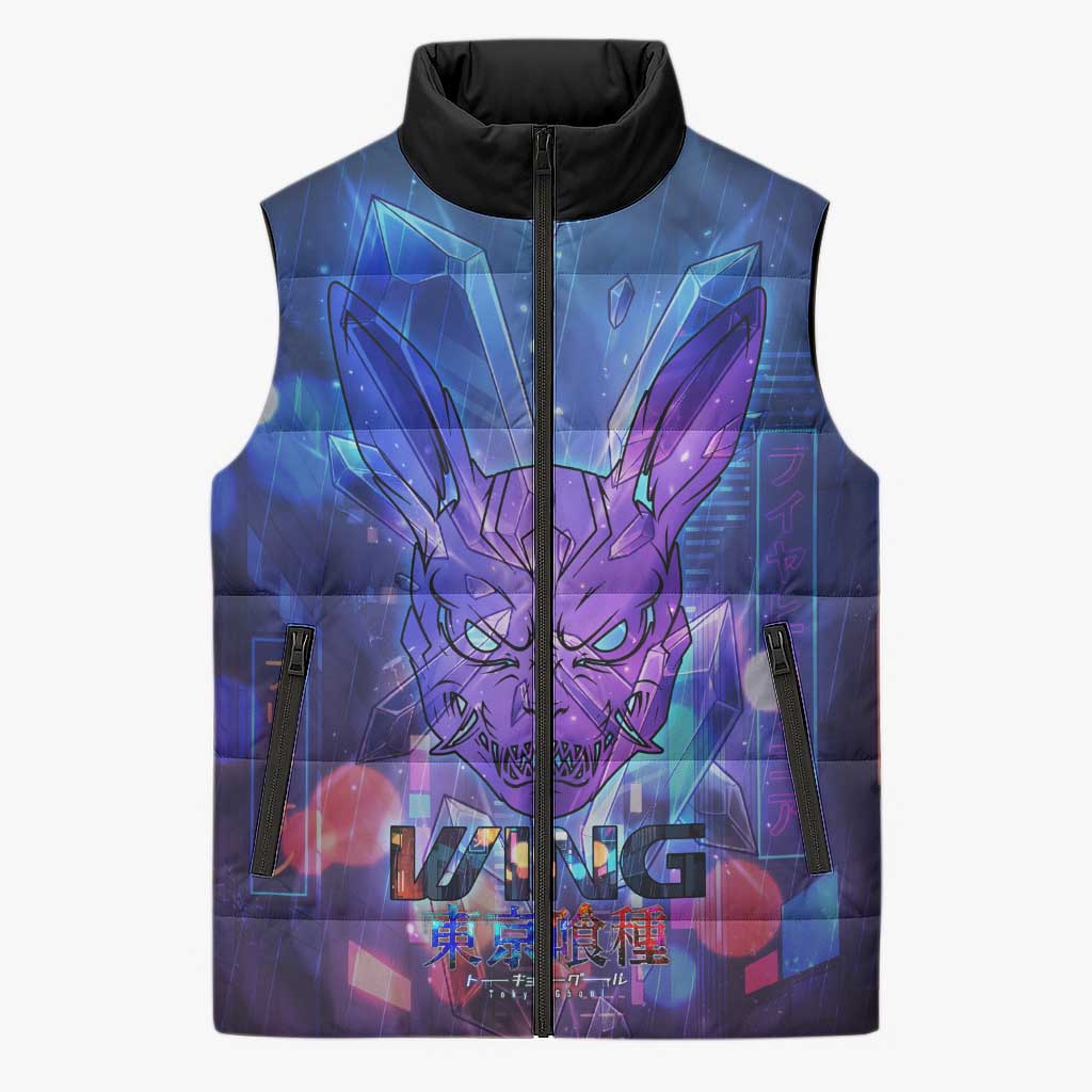 Touka Kirishima Tokyo Ghoul Sleeveless Puffer Jacket Cyberpunk Neon Style with Crystal Wings Effect