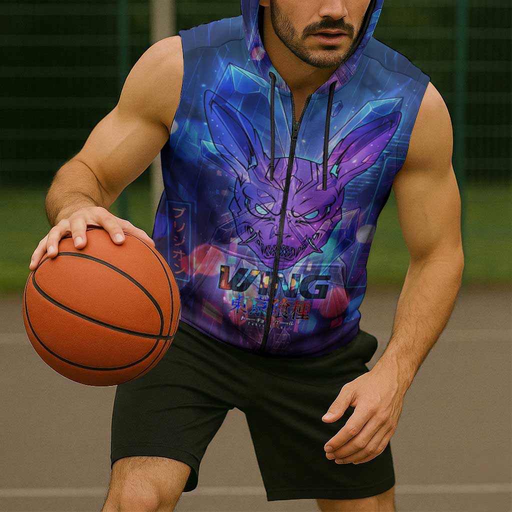 Touka Kirishima Tokyo Ghoul Sleeveless Zip Hoodie Cyberpunk Neon Style with Crystal Wings Effect
