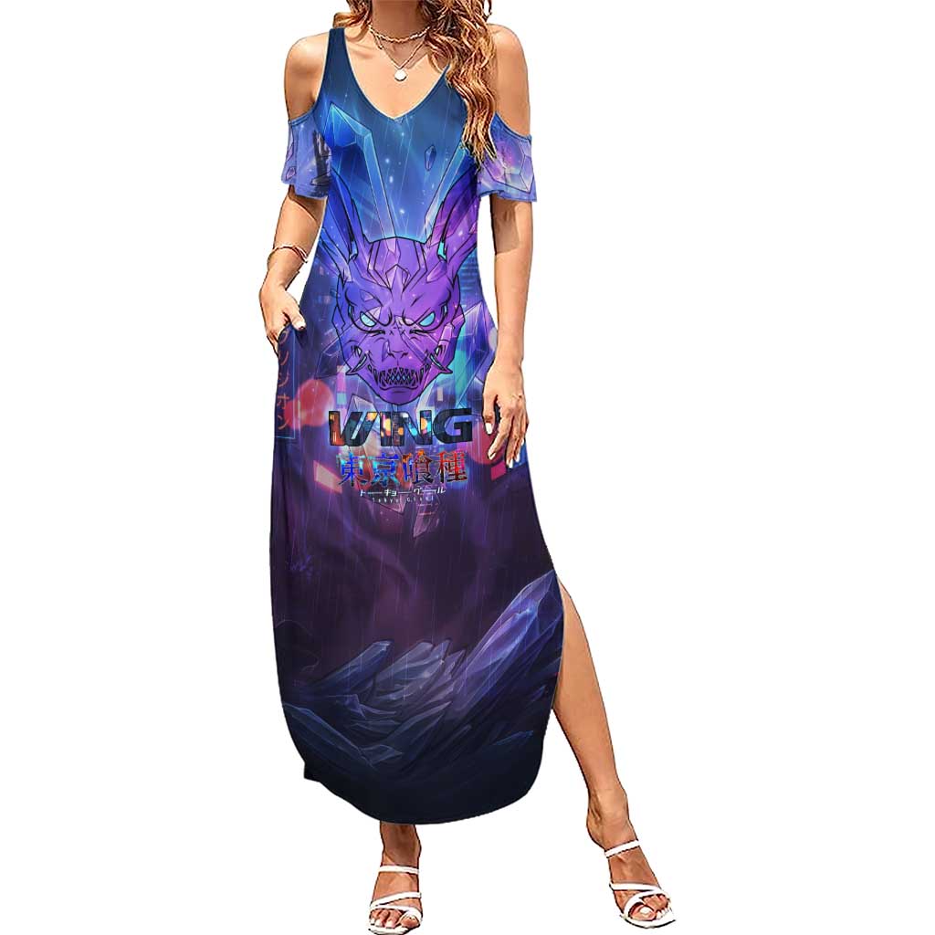 Touka Kirishima Tokyo Ghoul Summer Maxi Dress Cyberpunk Neon Style with Crystal Wings Effect