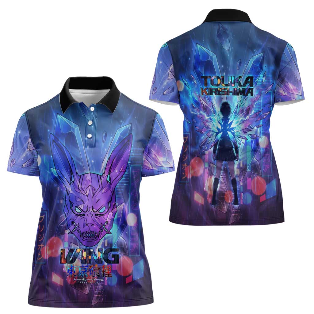 Touka Kirishima Tokyo Ghoul Women Polo Shirt Cyberpunk Neon Style with Crystal Wings Effect