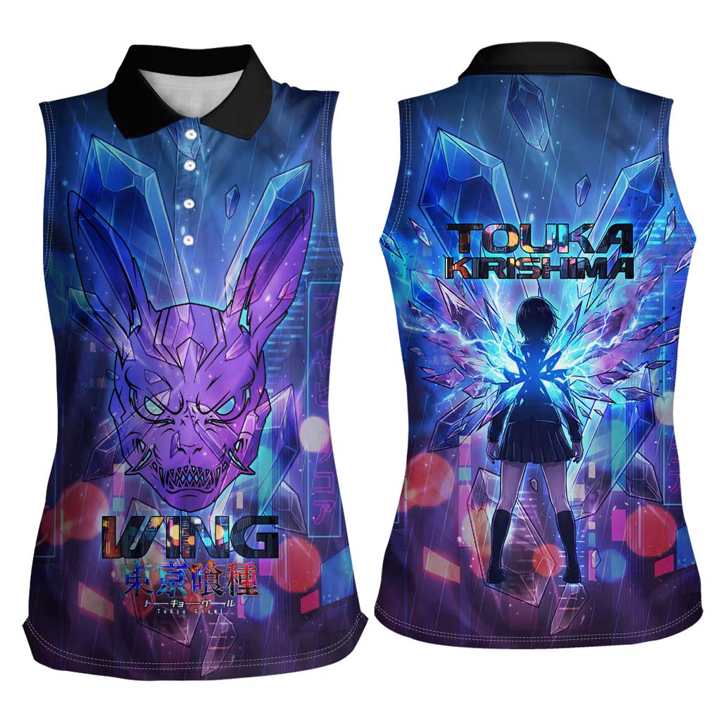 Touka Kirishima Tokyo Ghoul Women Sleeveless Polo Shirt Cyberpunk Neon Style with Crystal Wings Effect