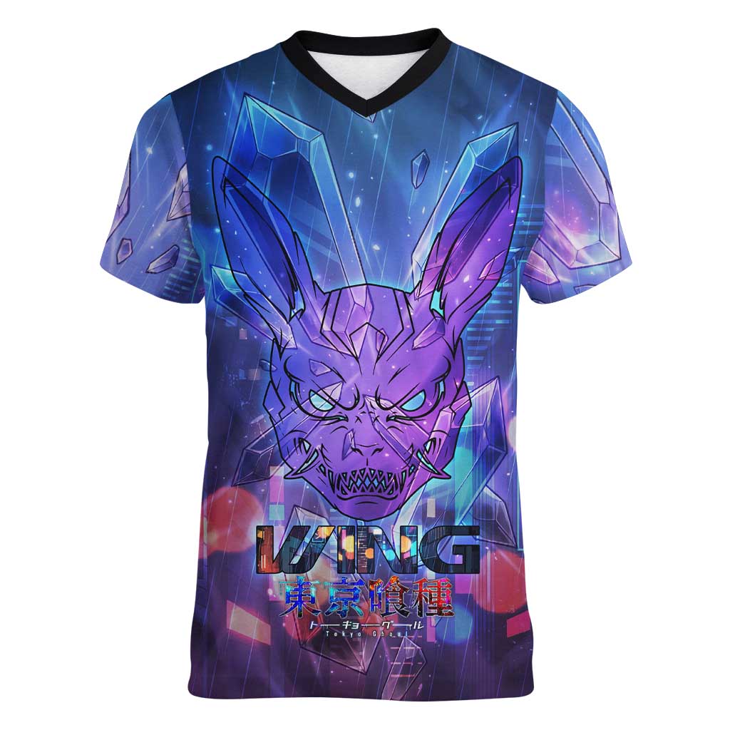 Touka Kirishima Tokyo Ghoul Women V-Neck T-Shirt Cyberpunk Neon Style with Crystal Wings Effect