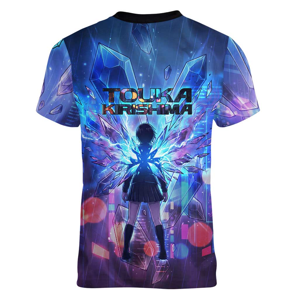 Touka Kirishima Tokyo Ghoul Women V-Neck T-Shirt Cyberpunk Neon Style with Crystal Wings Effect