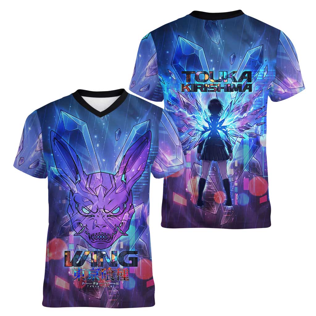 Touka Kirishima Tokyo Ghoul Women V-Neck T-Shirt Cyberpunk Neon Style with Crystal Wings Effect