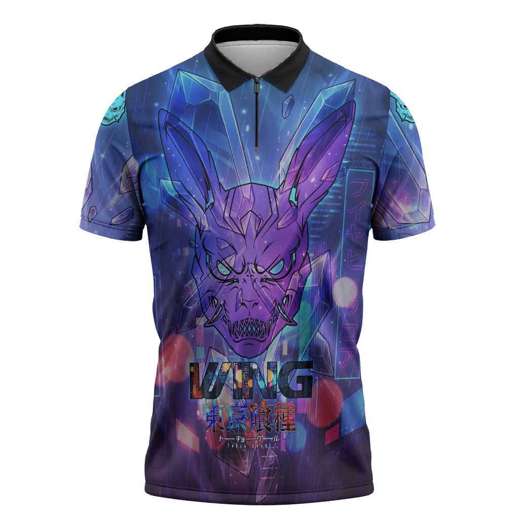 Touka Kirishima Tokyo Ghoul Zipper Polo Shirt Cyberpunk Neon Style with Crystal Wings Effect