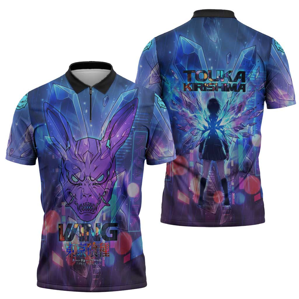 Touka Kirishima Tokyo Ghoul Zipper Polo Shirt Cyberpunk Neon Style with Crystal Wings Effect
