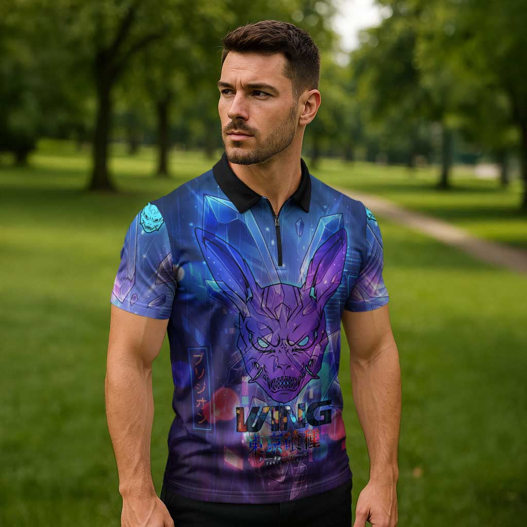 Touka Kirishima Tokyo Ghoul Zipper Polo Shirt Cyberpunk Neon Style with Crystal Wings Effect