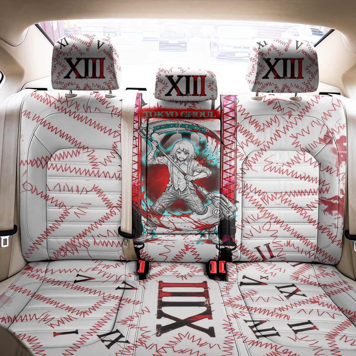 Juuzou Suzuya Tokyo Ghoul Back Car Seat Cover Grunge Anime Style with Roman Numeral Motif