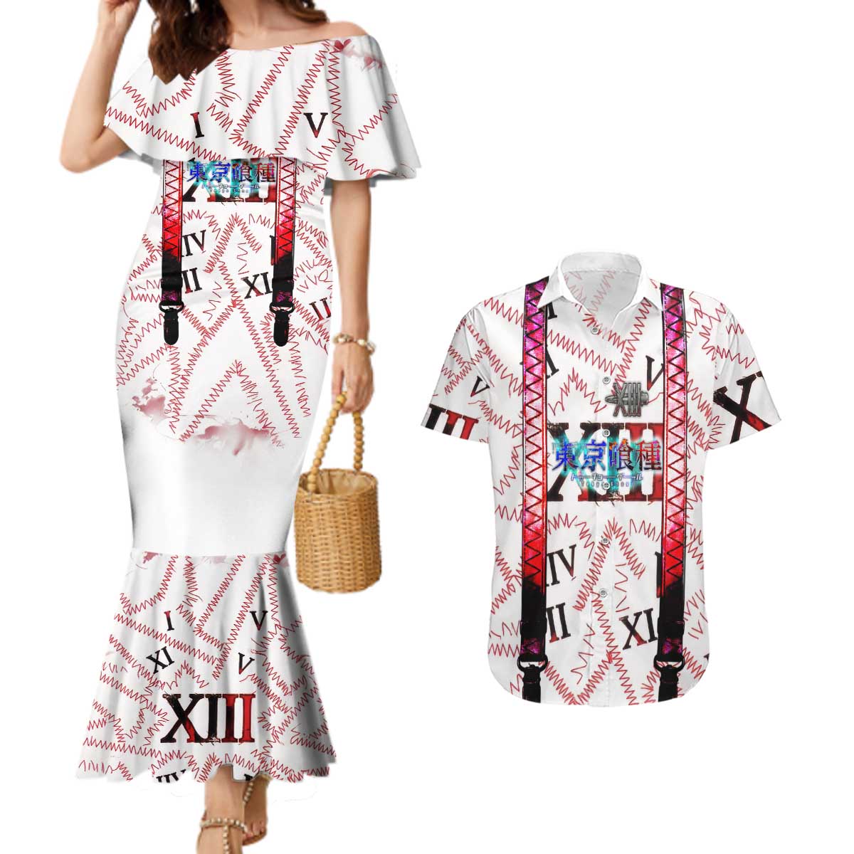 Juuzou Suzuya Tokyo Ghoul Couples Matching Mermaid Dress and Hawaiian Shirt Grunge Anime Style with Roman Numeral Motif