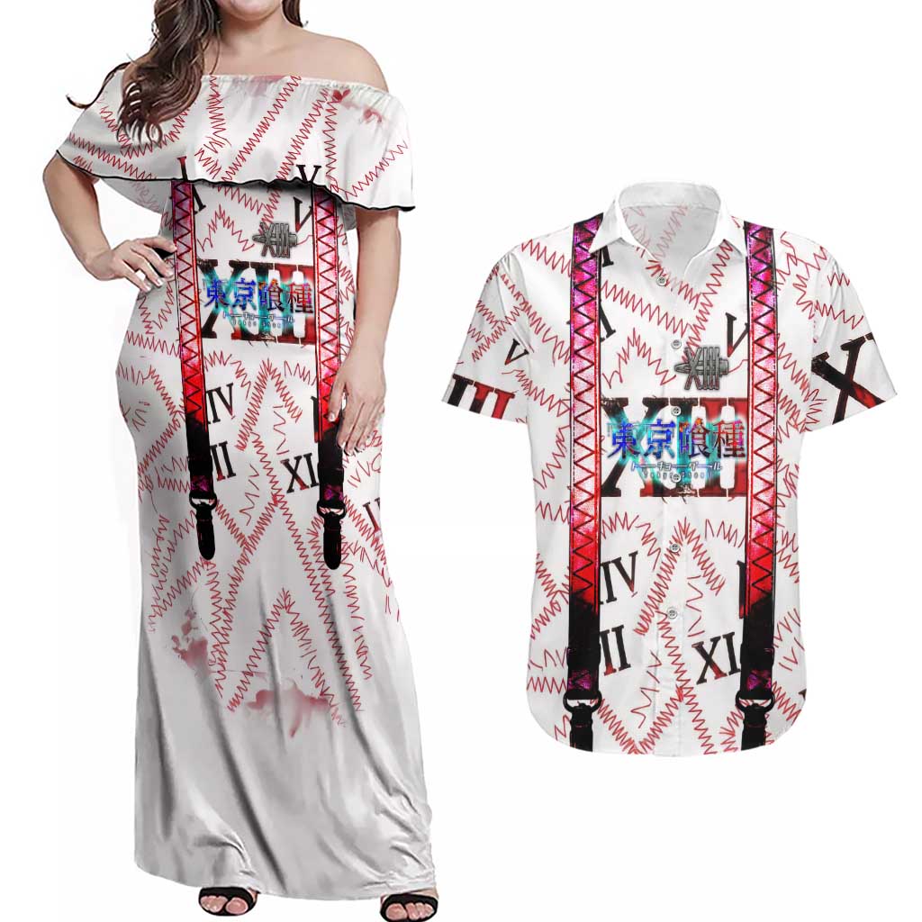 Juuzou Suzuya Tokyo Ghoul Couples Matching Off Shoulder Maxi Dress and Hawaiian Shirt Grunge Anime Style with Roman Numeral Motif