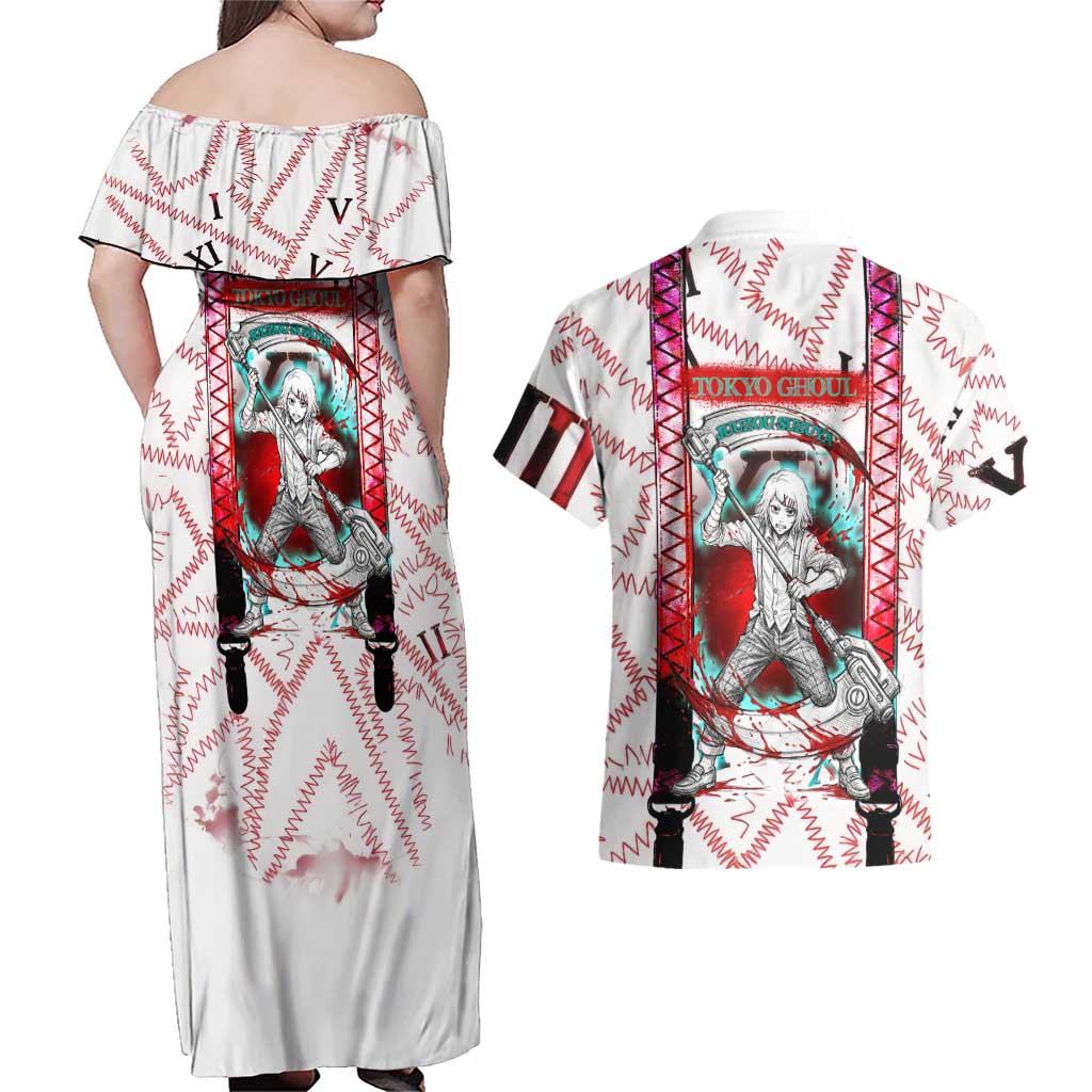 Juuzou Suzuya Tokyo Ghoul Couples Matching Off Shoulder Maxi Dress and Hawaiian Shirt Grunge Anime Style with Roman Numeral Motif