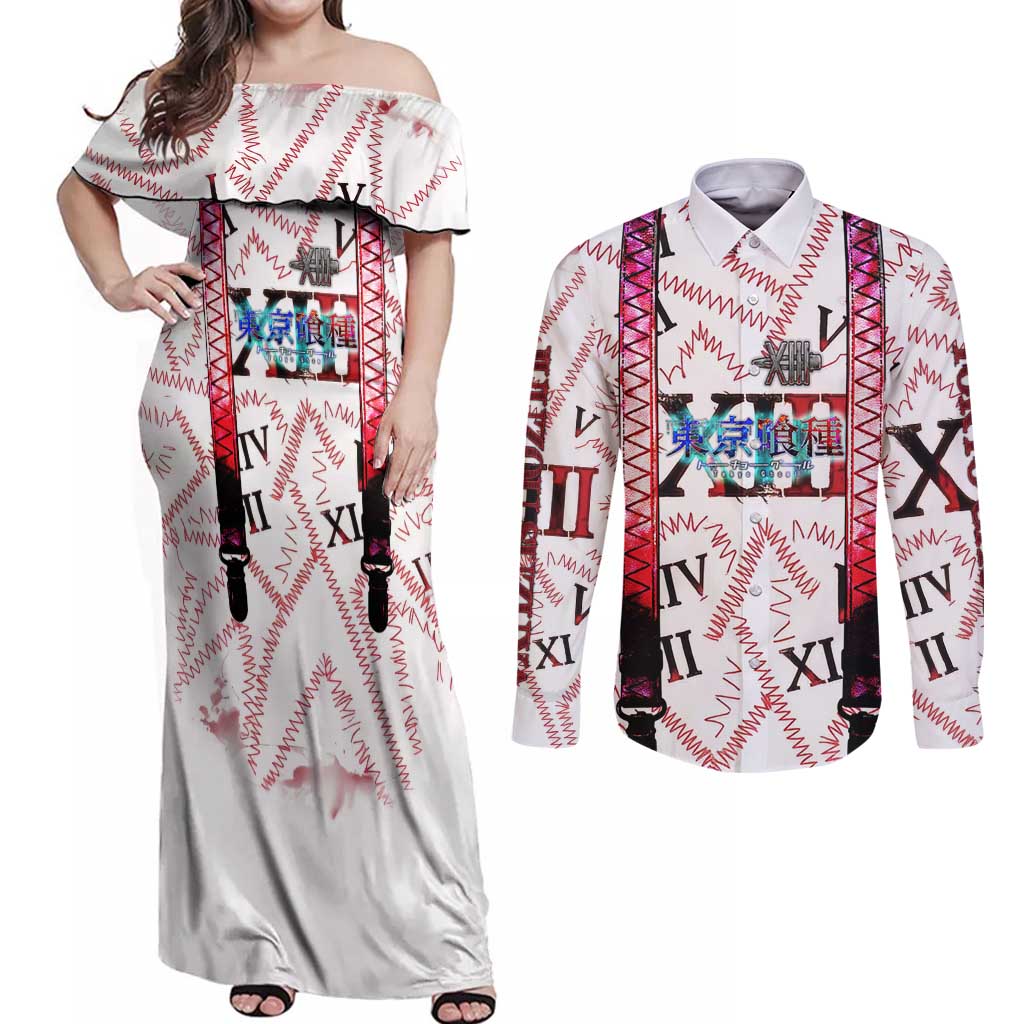 Juuzou Suzuya Tokyo Ghoul Couples Matching Off Shoulder Maxi Dress and Long Sleeve Button Shirt Grunge Anime Style with Roman Numeral Motif