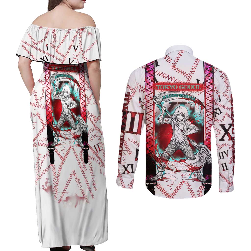 Juuzou Suzuya Tokyo Ghoul Couples Matching Off Shoulder Maxi Dress and Long Sleeve Button Shirt Grunge Anime Style with Roman Numeral Motif