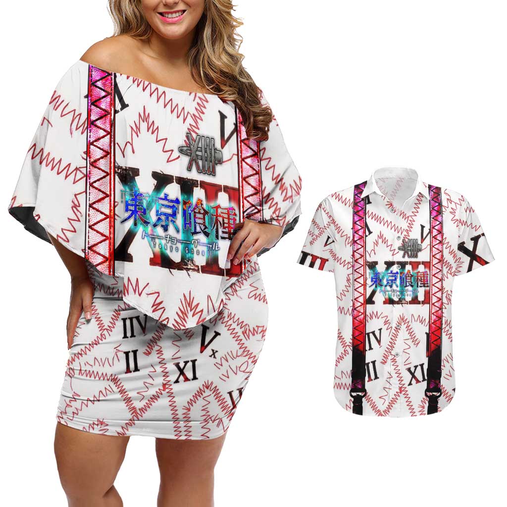 Juuzou Suzuya Tokyo Ghoul Couples Matching Off Shoulder Short Dress and Hawaiian Shirt Grunge Anime Style with Roman Numeral Motif