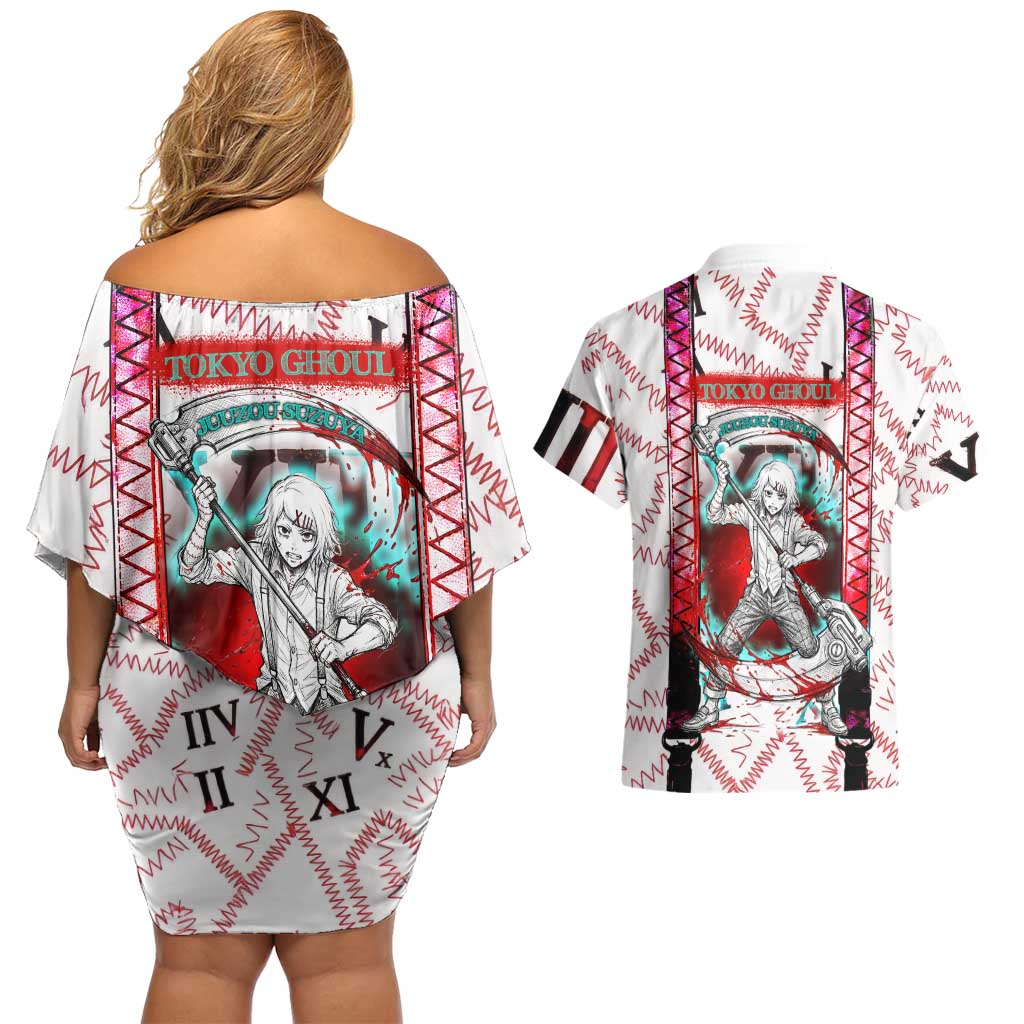 Juuzou Suzuya Tokyo Ghoul Couples Matching Off Shoulder Short Dress and Hawaiian Shirt Grunge Anime Style with Roman Numeral Motif