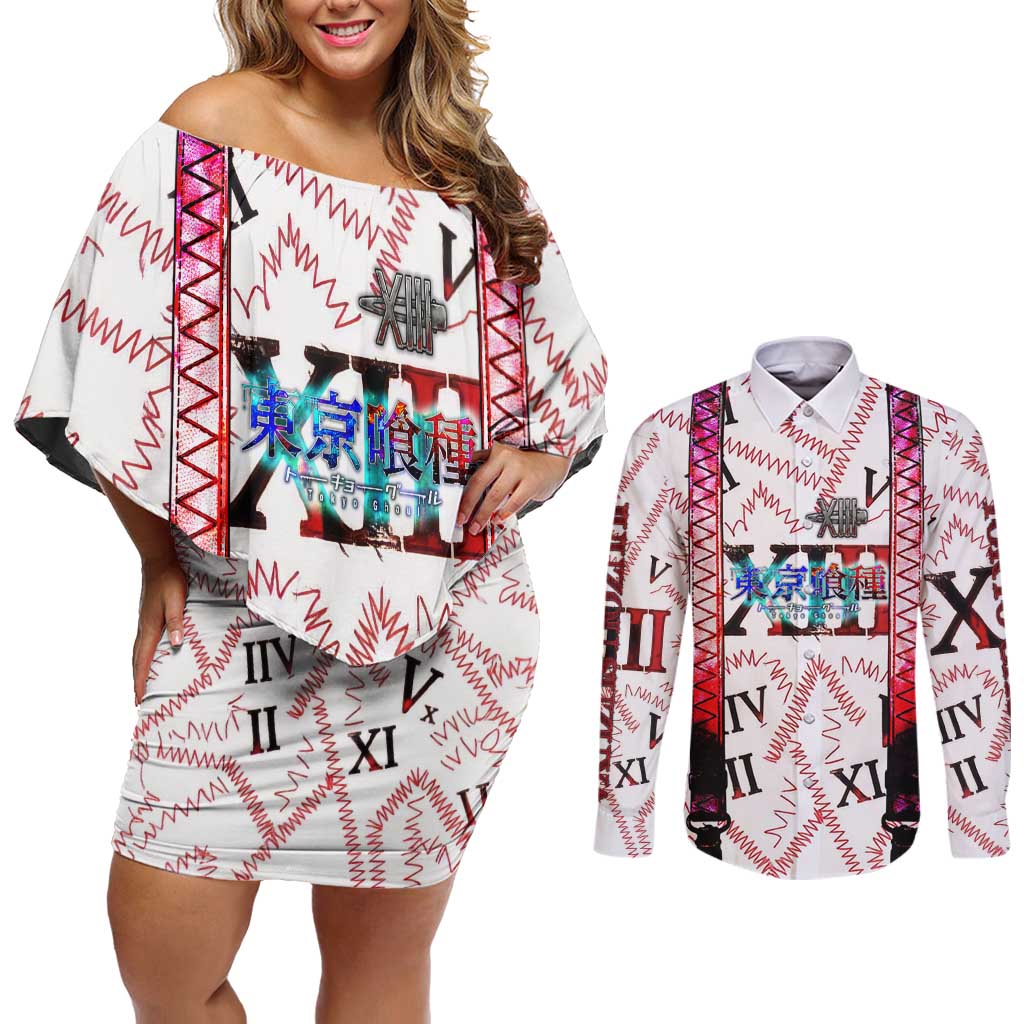 Juuzou Suzuya Tokyo Ghoul Couples Matching Off Shoulder Short Dress and Long Sleeve Button Shirt Grunge Anime Style with Roman Numeral Motif